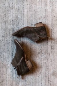 pair of dark suede boots against light carpet