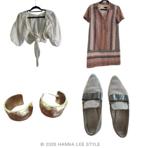 travel capsule wardrobe outfit example with white linen bolero style top that ties in the front, a shift style dress with pink and blue blues, a pointed toe khaki sneaker and pair of of gold hoops
