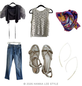 travel capsule wardrobe outfit example with a grey cardigan with sheer sleeve, a white textured sleeveless top, a denim pair of pants, a gold metallic sandal, a pair of thin gold hoops and a pink and multicolor silk Hermes scarf