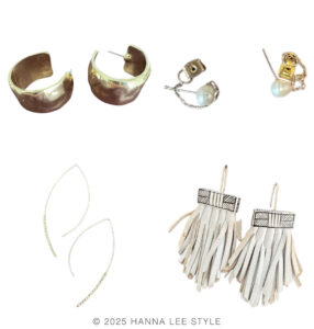 group of multiple earrings large gold hoops, fringe white leather earrings, thin gold threader earrings, small pearl with chain earrings