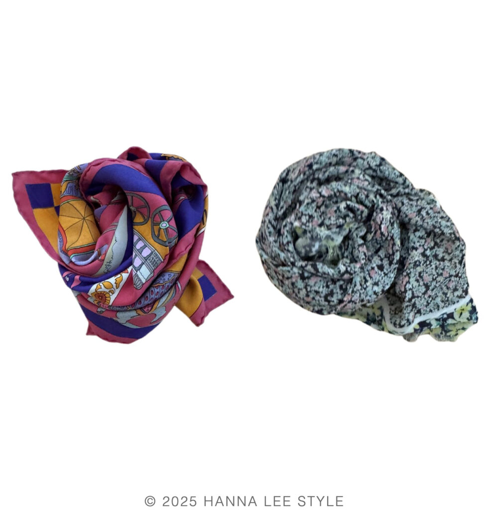 image of two scarves one Hermes silk pink and purple scarf and small floral blue and yellow and pink scarf