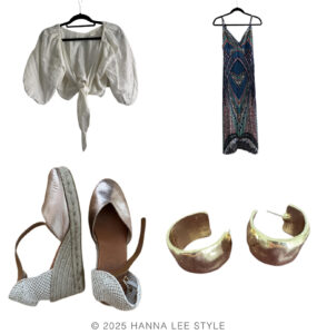 travel capsule wardrobe outfit example with white linen bolero style , pleated silk dress with blues and pink, gold hoops and a wedge metallif shoe