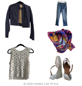 travel capsule wardrobe outfit example with navy bomber jacket, sleeveless textured white top, Hermes silk scarf purple and pink colors, metallic wedge shoe